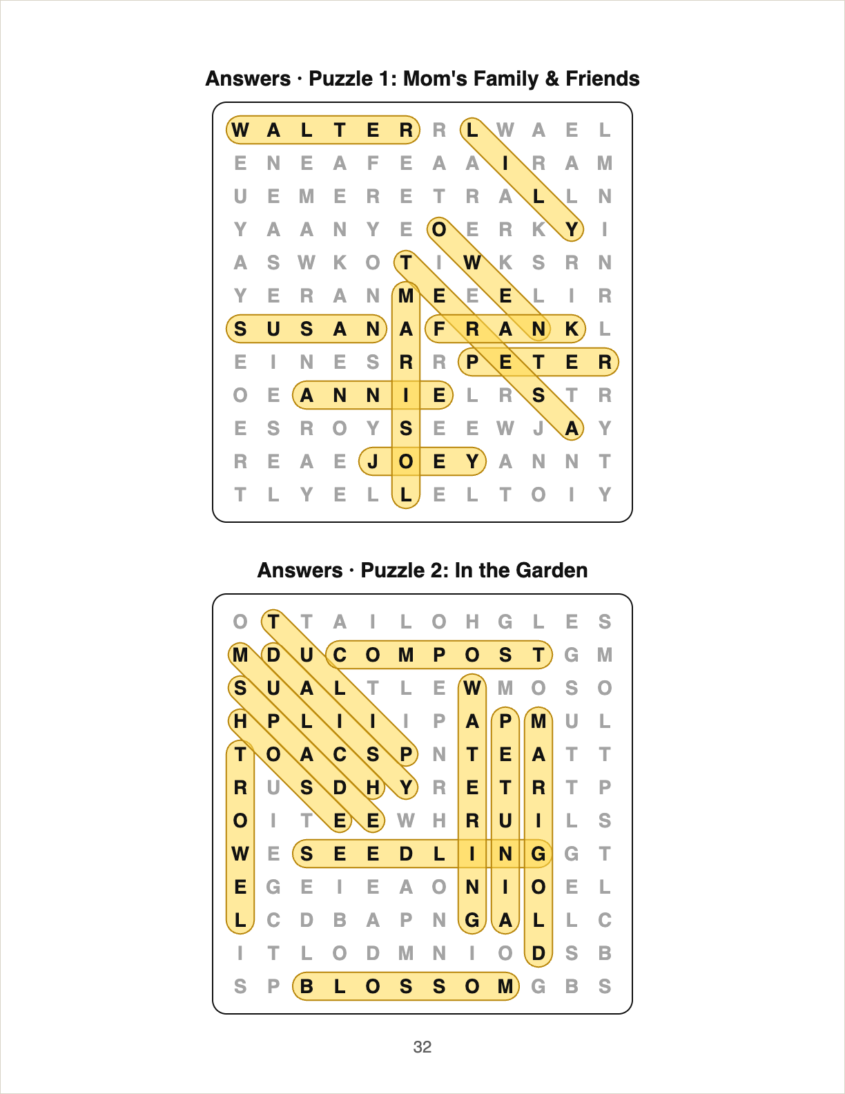 Example answer key page: the answers to puzzles 1 and 2, each word circled in yellow