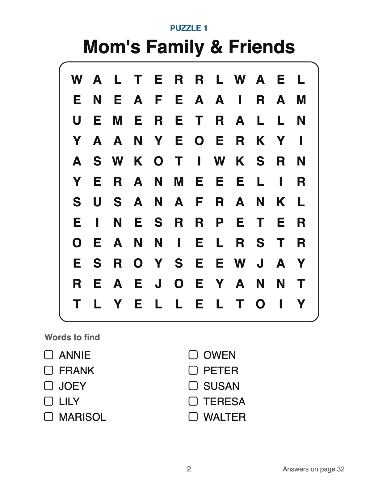 Example puzzle page: Puzzle 1, Mom's Family & Friends, a 12 × 12 grid in 20 pt letters with ten family names to find and a box to tick for each